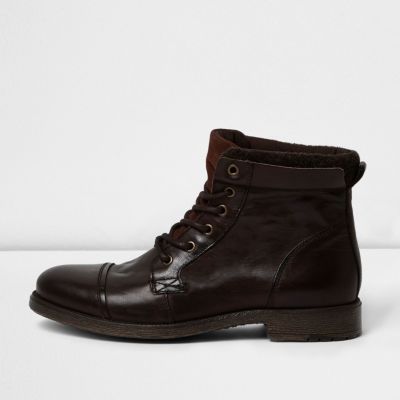 Dark brown leather work boots